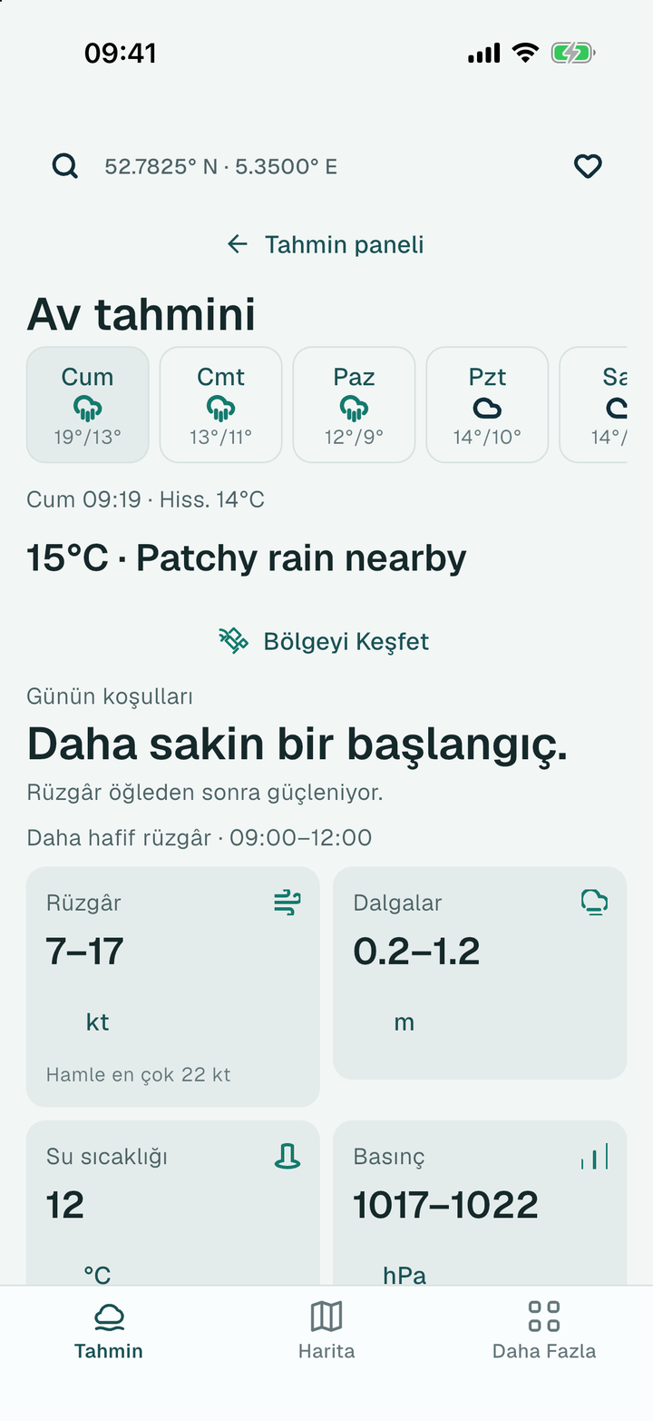 Seçilen nokta için tahmin sayfası: beş gün, günün koşulları ve rüzgâr, dalga, su sıcaklığı, basınç kartları (build 1.0.0-1-f0c7a2c1)