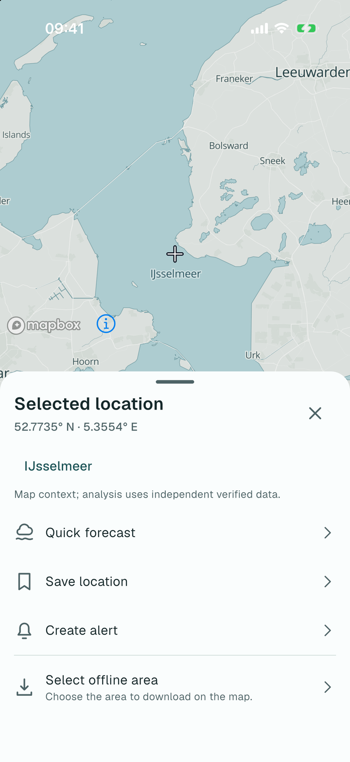 Water-body sheet open over the map, showing the name, type and location of a lake (build 1.0.0-1-20261016)